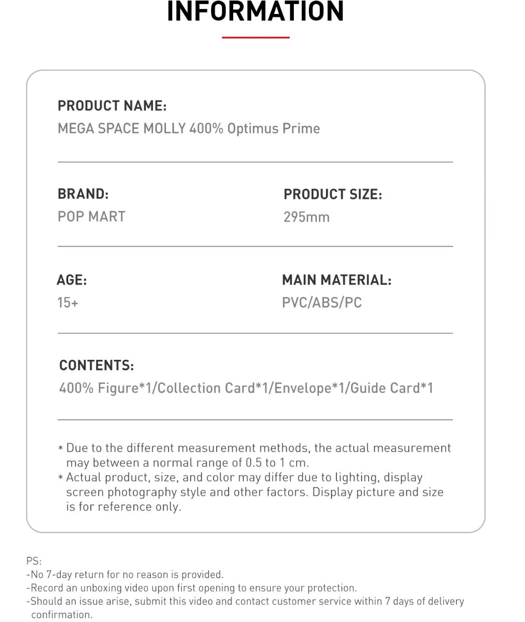 POP MART - MEGA SAPCE MOLLY TRANSFORMERS Optimus Prime 400% - 100% Authentic from POP MART