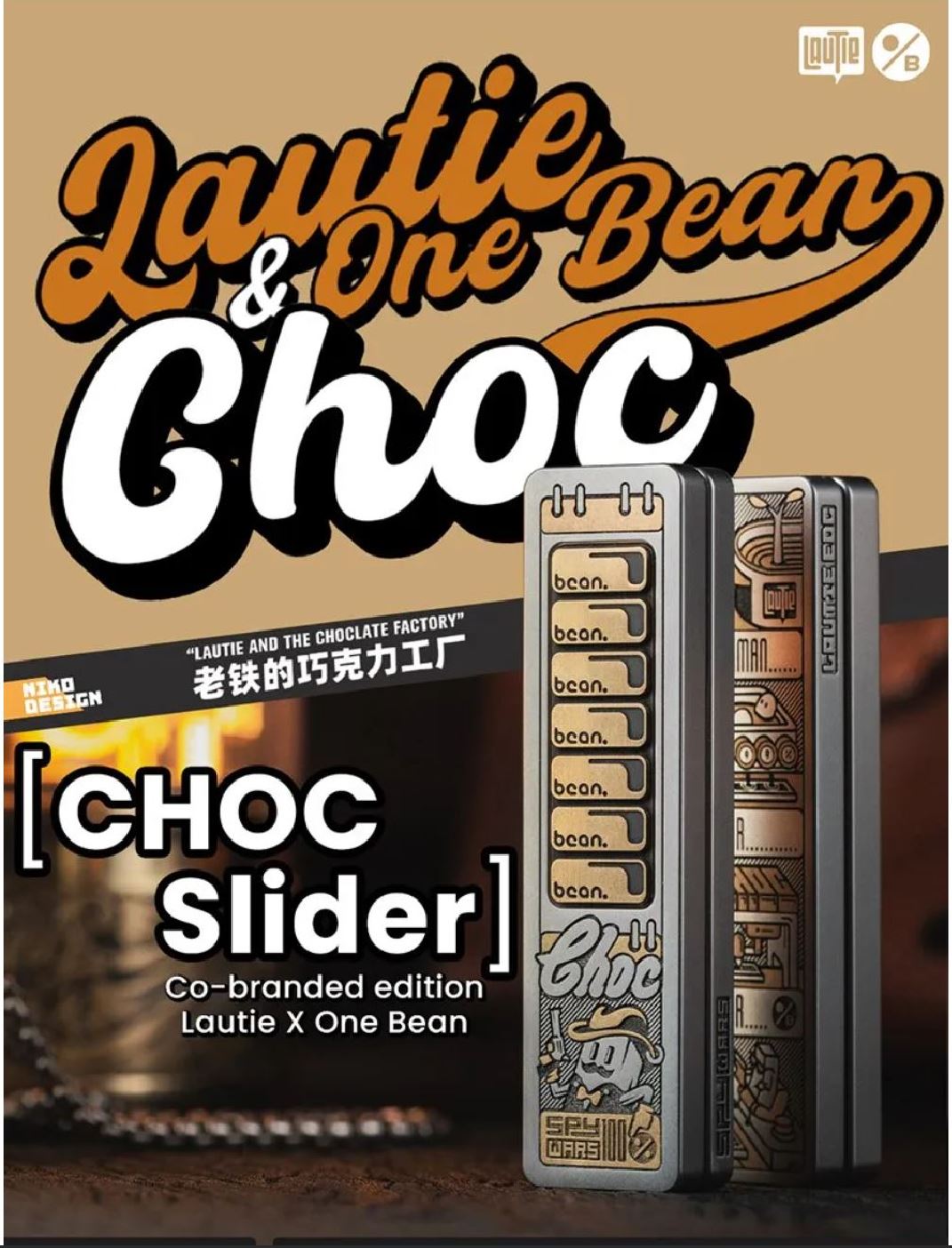 Lautie x One Bean Co-branded Choc Stainless Steel Mechanical Slider | Lautie x One Bean Choc Hand Haptic Slider EDC for Collection & Gift
