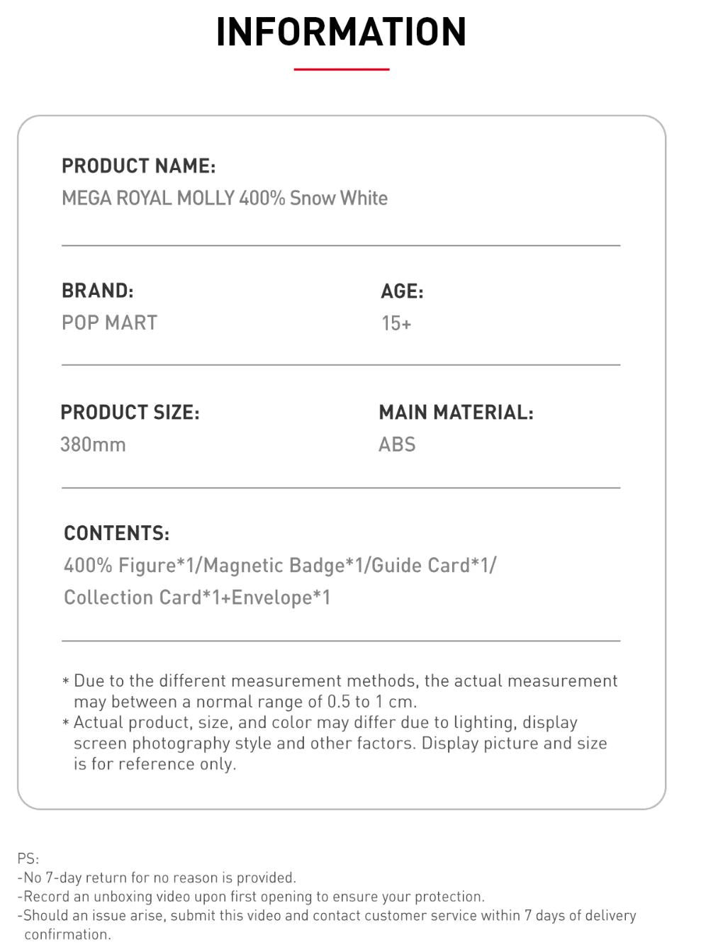 POP MART - MEGA ROYAL MOLLY 400% - Snow White - 100% Authentic from POP MART