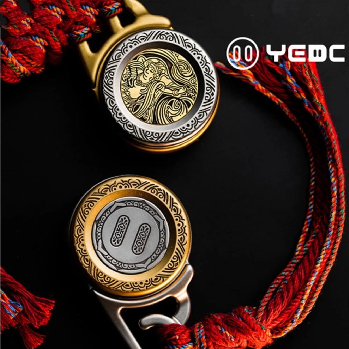 YEDC Co Brand "DunHwang" Pan Yun Ratchet Coin Hand Haptic Push Slider | YEDC "Pan Yun" Metal Coin Hand Fidget | YEDC EDC Ratchet Coin Shape Slider for Collection & Gift