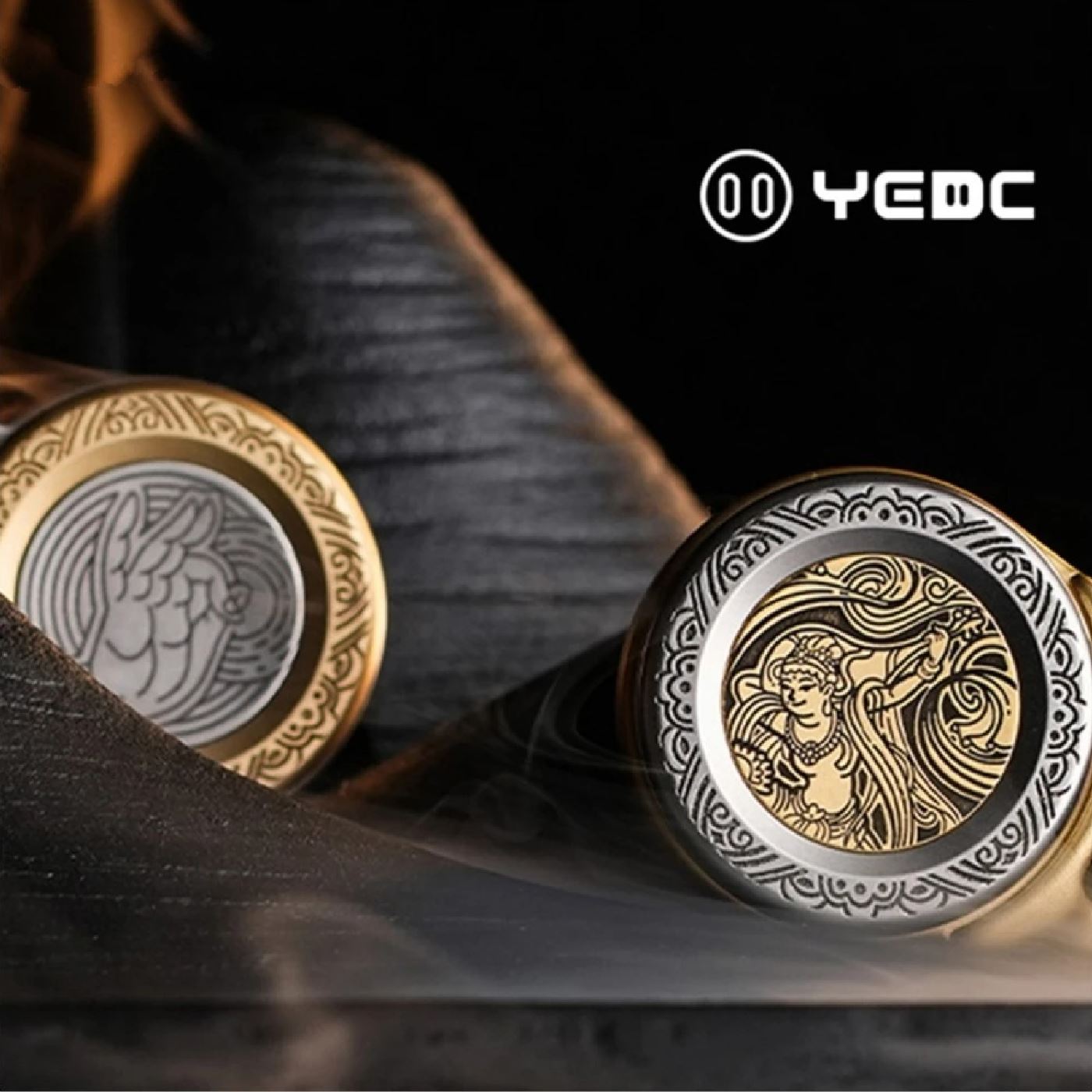 YEDC Co Brand "DunHwang" Pan Yun Ratchet Coin Hand Haptic Push Slider | YEDC "Pan Yun" Metal Coin Hand Fidget | YEDC EDC Ratchet Coin Shape Slider for Collection & Gift