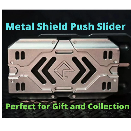 Metal Shield Brand Hand Push Slider Spinner | Stainless Steel Push Click Sound Slider | Metal Push Haptic Feel Click Sound Slider for Gift